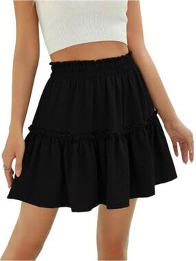 Ruffle Mini Skirt High Waisted Tiered A-Line Flowy Boho Beach Summer Casual